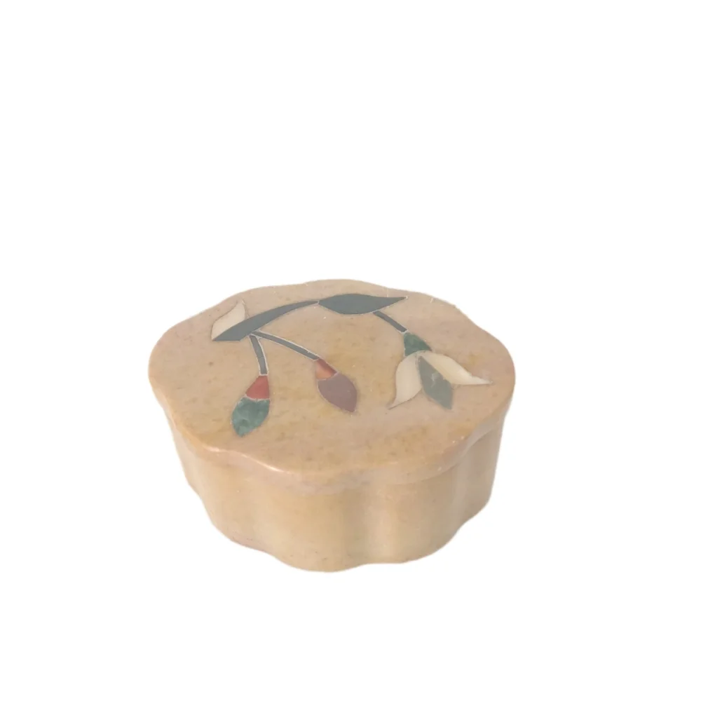 Fetco Trinket Box Stone Marble with Lid Inlay Flower Design Handmade in India